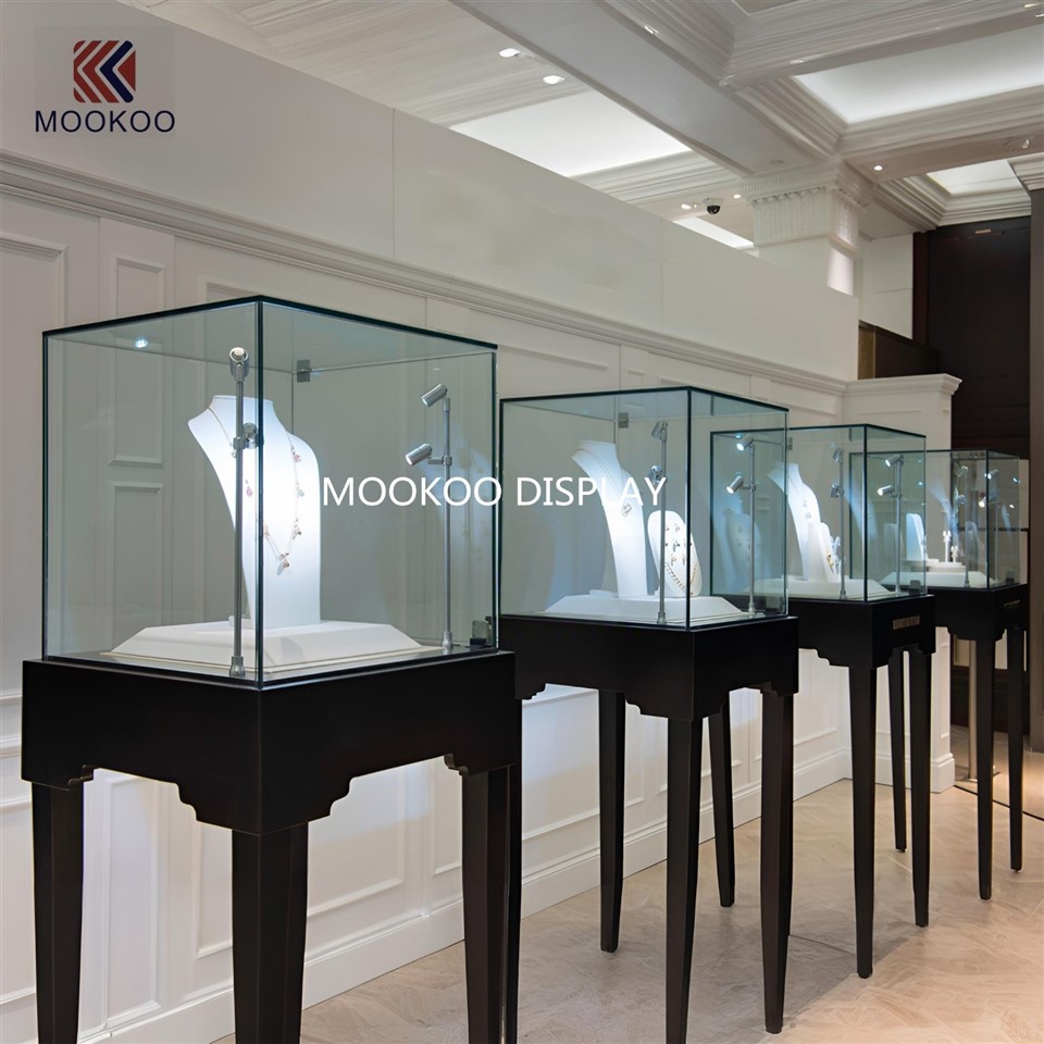 ElysianPedestal: Artisan - Carved Timber & Ultra - Clear Glass Jewelry Showcase high quality