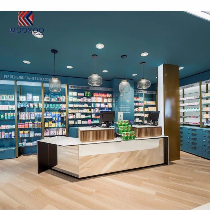 Farmacia Shop Cashier Counter Display Shelves Design